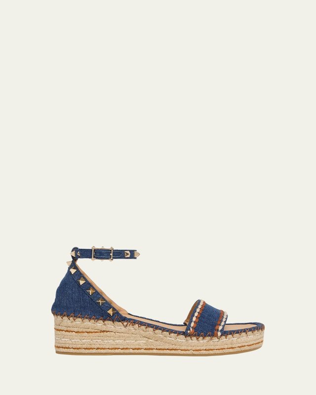 Rockstud Denim Wedge Espadrille Sandals